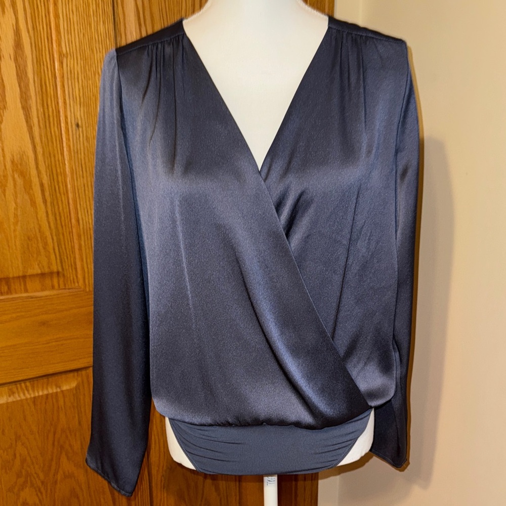 Elegant Women's Slate Blue Faux Wrap Top Bodysuit
